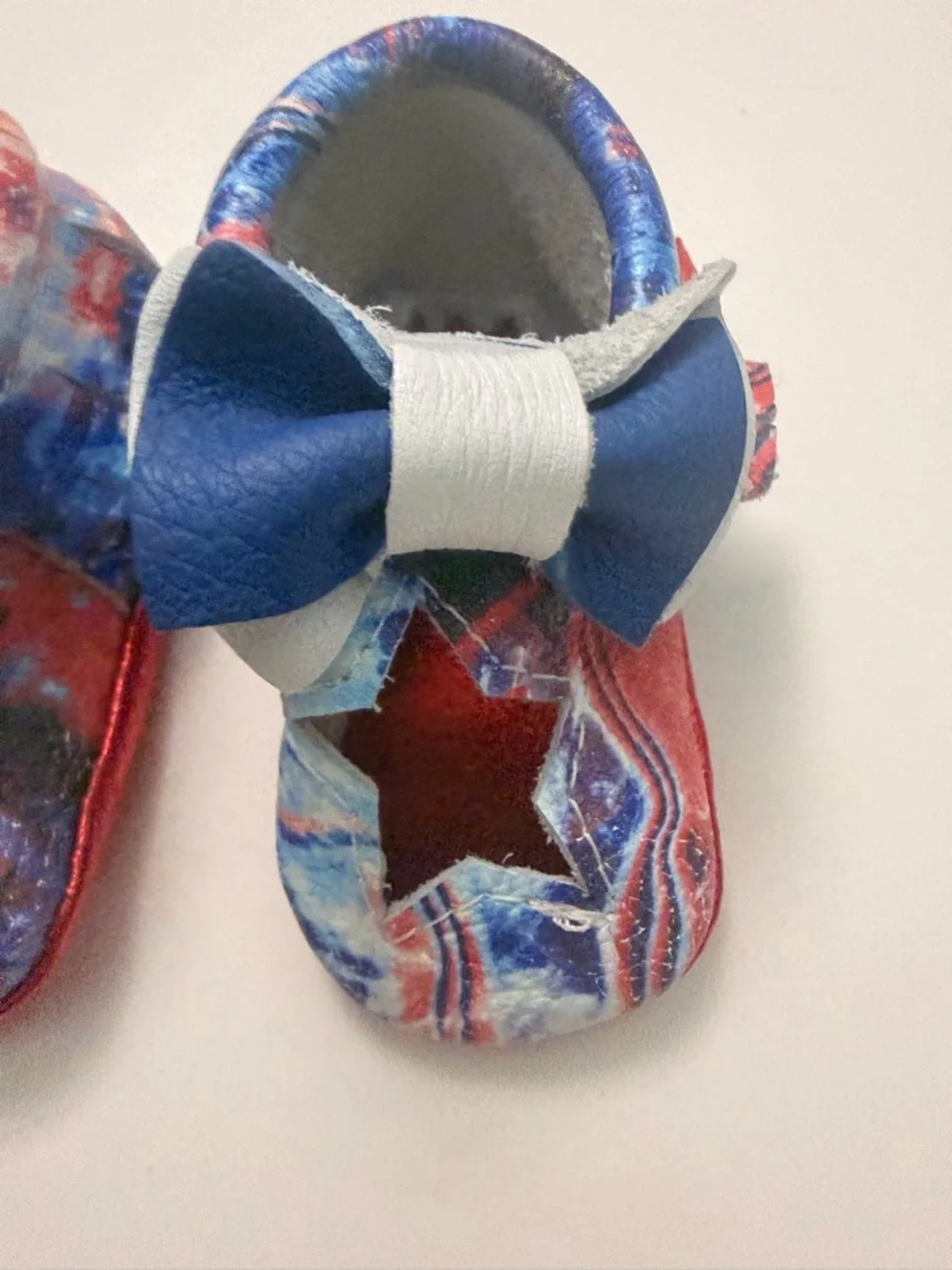 Bare Soles Moccasins Leather Soft Bow Cut Out Stars Metallic Red White Blue 1